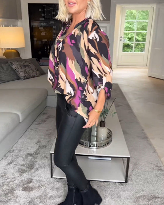 V-neck tie-dye patterned blouse