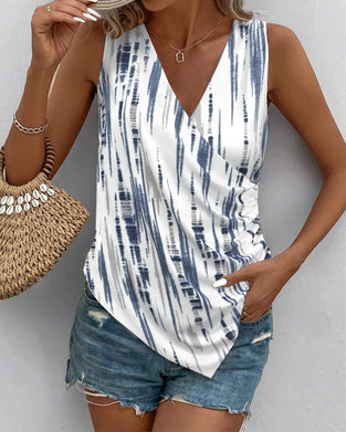 V-Neck Sleeveless Printed Irregular Tank Top