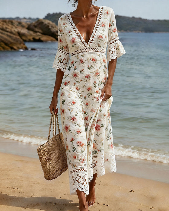 Hollow Out Patchwork V-Neck Floral Dress