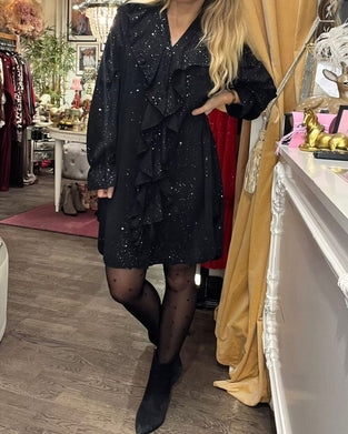 Loose-Fitting Ruffle Trim Sequined Dress