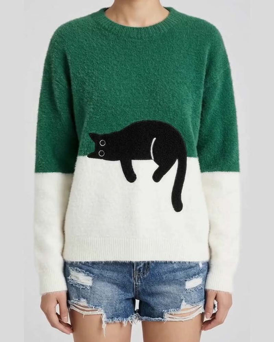 Crewneck Contrast Color Cat  Pullover