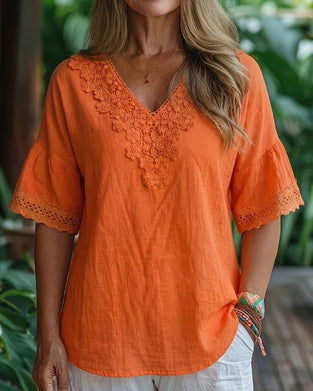 Lace Hollow Out V-Neck Blouse