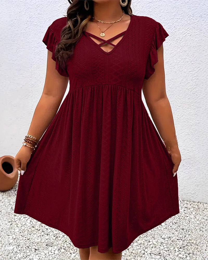 Solid Color Hollow-Out Lotus Leaf Sleeve Dress