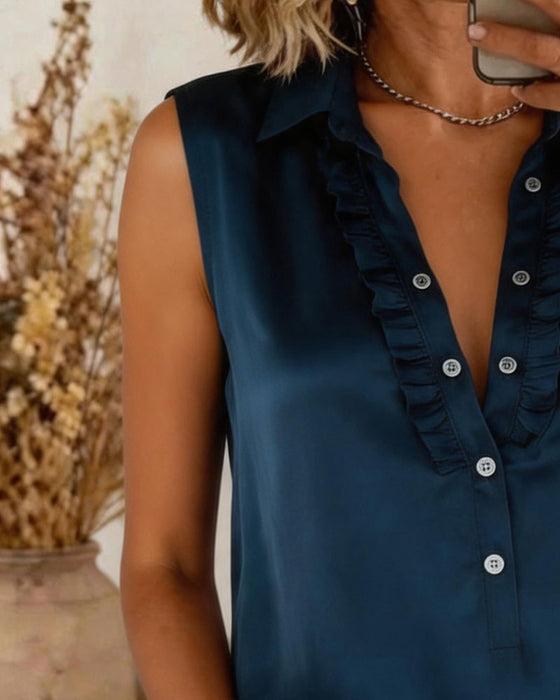 Lapel Button Front Solid Tank Top