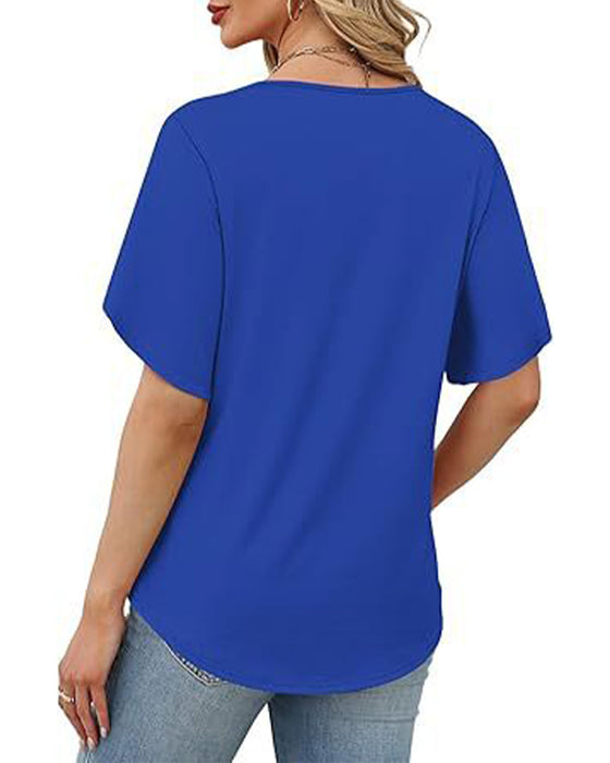V-Neck Small Slit Short Sleeve Solid T-Shirt