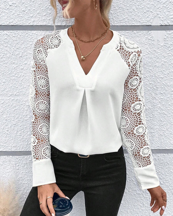 Ruffled Long-Sleeved V-Neck Blouse