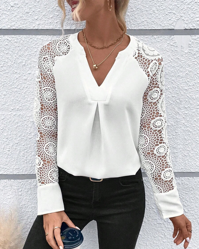 Ruffled Long-Sleeved V-Neck Blouse