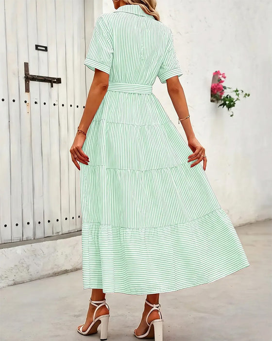 Striped Waist-Cinching Tiered Shirt Maxi Dress