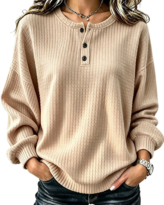 Crew Neck Button Solid Sweatshirt