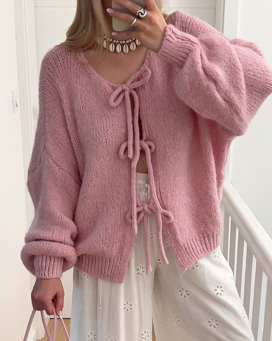 Lazy style solid color lace-up cardigan