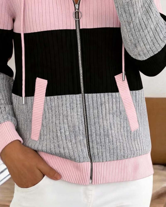 Hooded Zipper Ribbed Color Block Coat