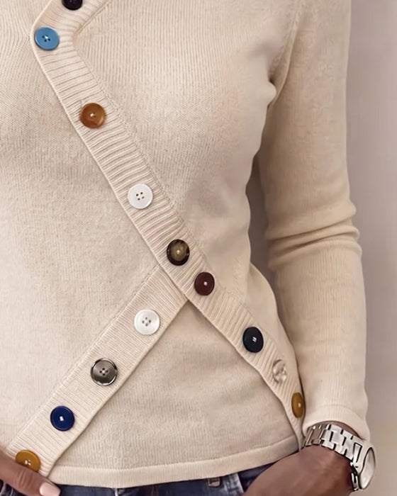Mandarin Collar Color Block Asymmetrical Button Pullover