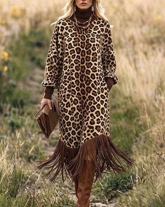 Leopard Print Fringed Lantern Sleeve Dress