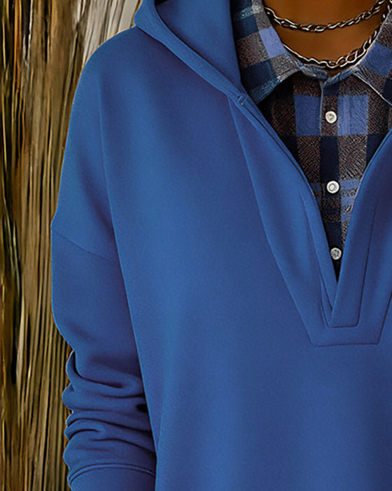 Faux Two-Piece Plaid Patchwork Hoodie