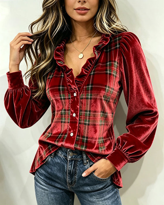 Ruffle V-Neck Velvet Checkered Panel Blouse