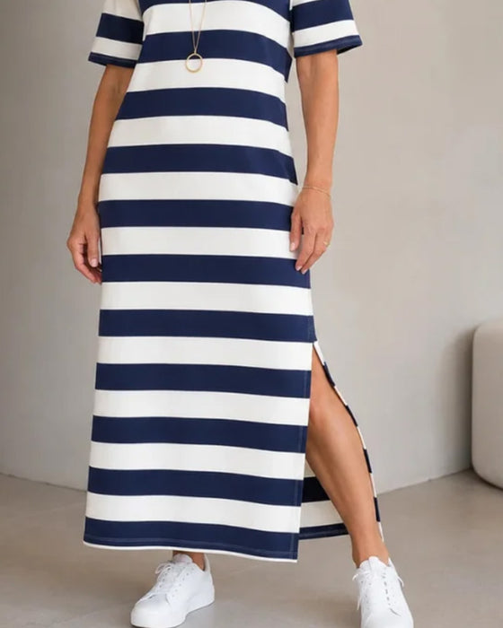 Striped Short Sleeve Slit Long T-Shirt Dress