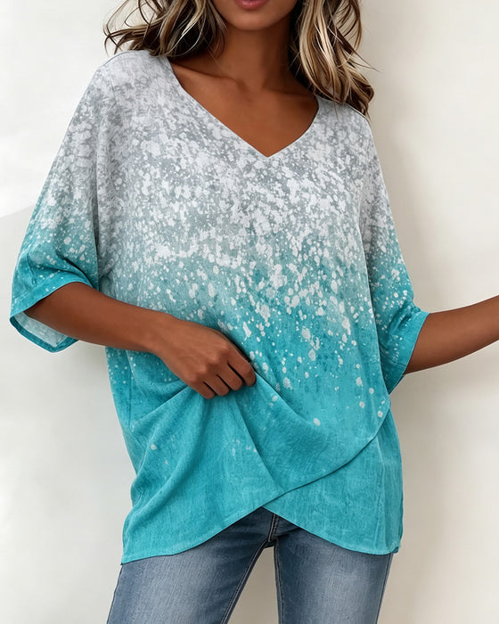 V-Neck Snowflake Gradient Hem Irregular T-Shirt