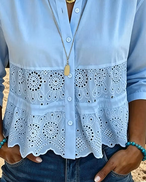 Cut-Out Patchwork Lapel Blouse