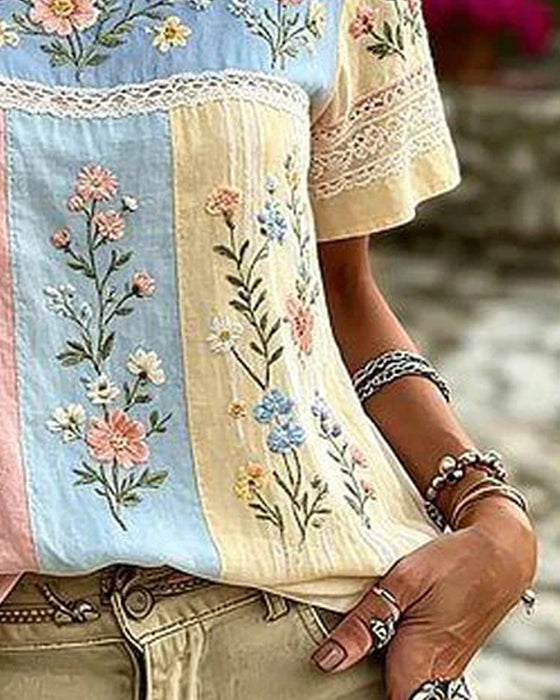 Crew Neck Patchwork Floral Blouse