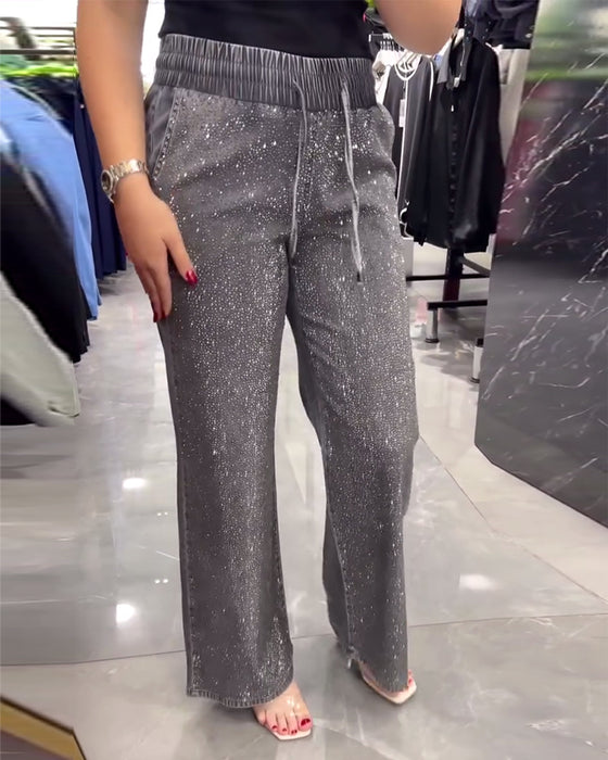 Casual solid color pocket elastic waist pants