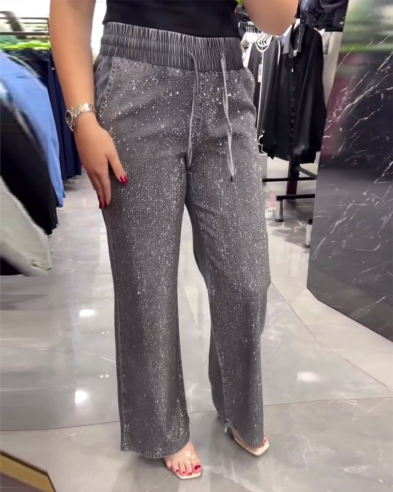 Casual solid color pocket elastic waist pants