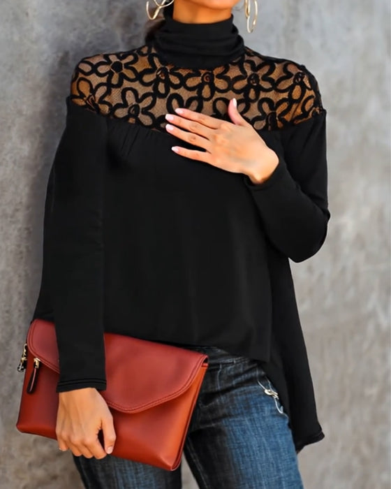 Turtleneck Lace Sheer Knit Top