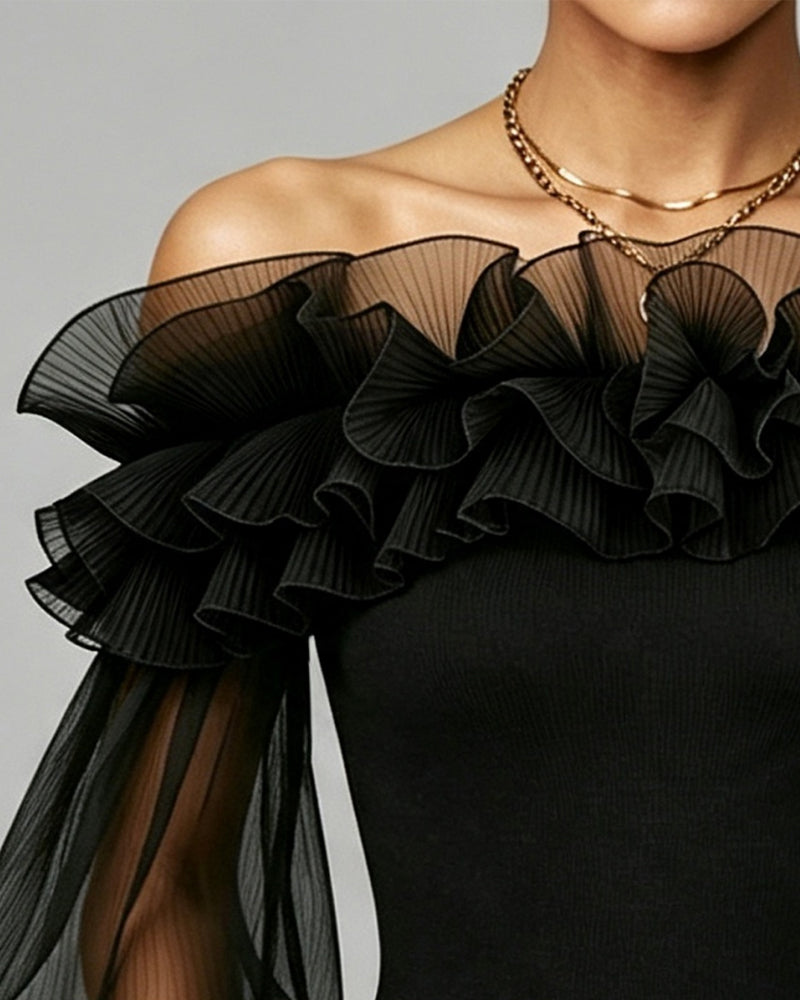 Off-Shoulder Mesh Ruffled Solid Color Top