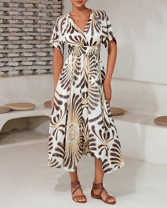 Printed V-neck irregular elegant dress