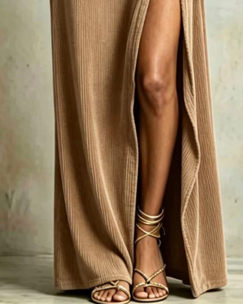 Solid Color One Shoulder Slit Dress