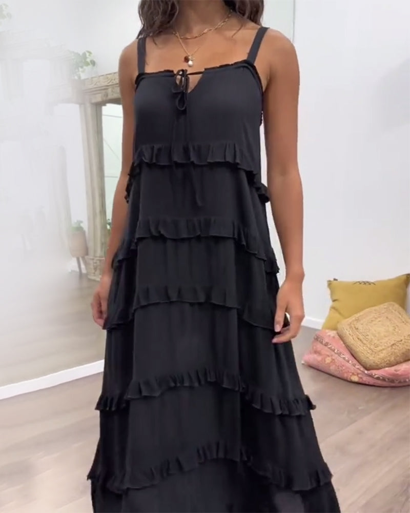 Casual Suspender Solid Color Ruffle Dress