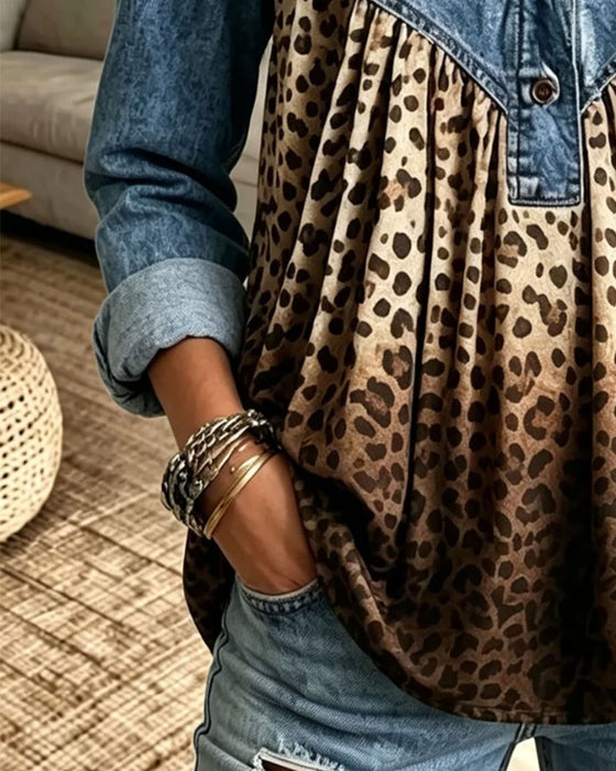 Denim Leopard Print Patchwork Lapel Top