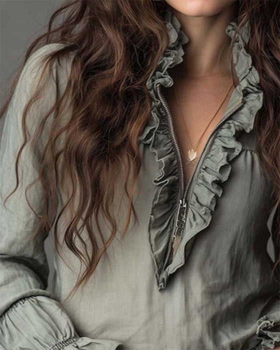 Half Zip Fashion Ruffle Blouse