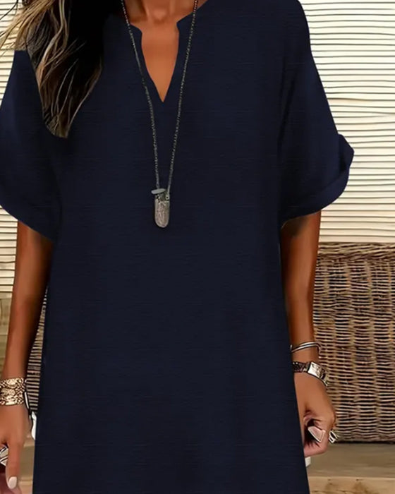 V-Neck Short Sleeve Solid Sheath Dress