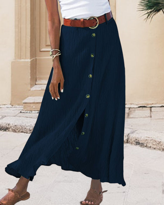 Button Slit Solid Color Long Skirt