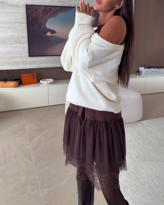 Off-Shoulder Loose Jumper & Lace Hem Dress