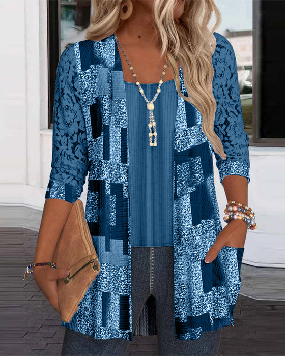 Faux Two-Piece Printed Long-Sleeved Blouse