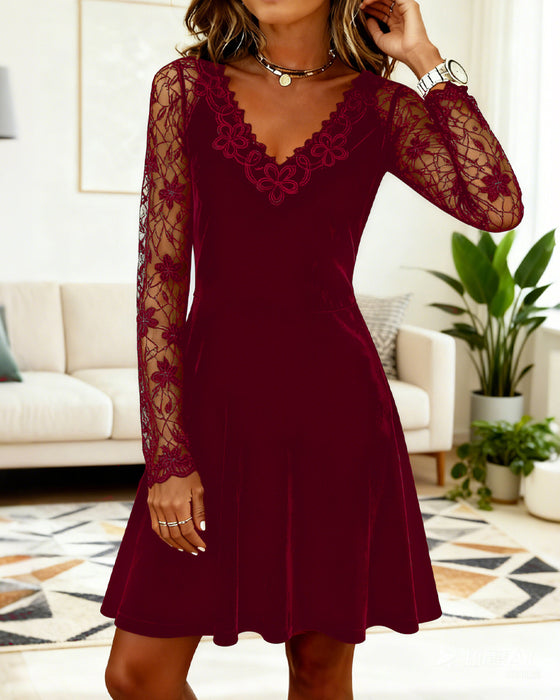 Lace-Trimmed Velvet A-Line Dress