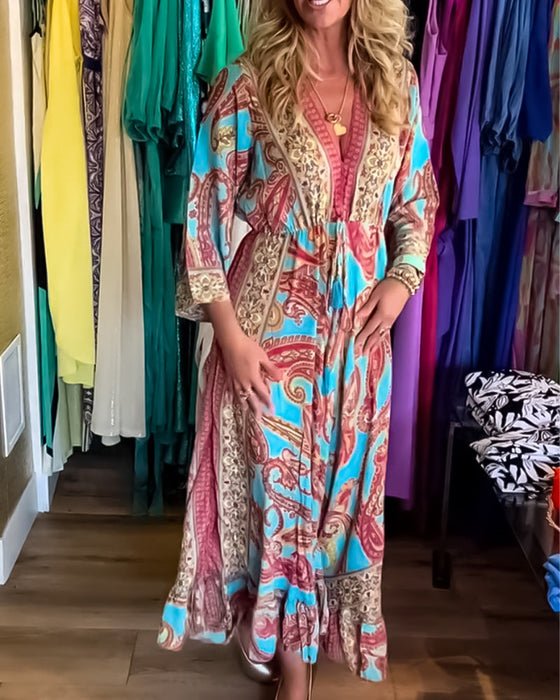 Fashion print long sleeve long dress