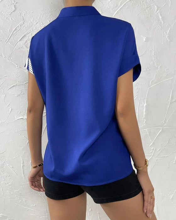 Paneled floral print button short sleeve blouse