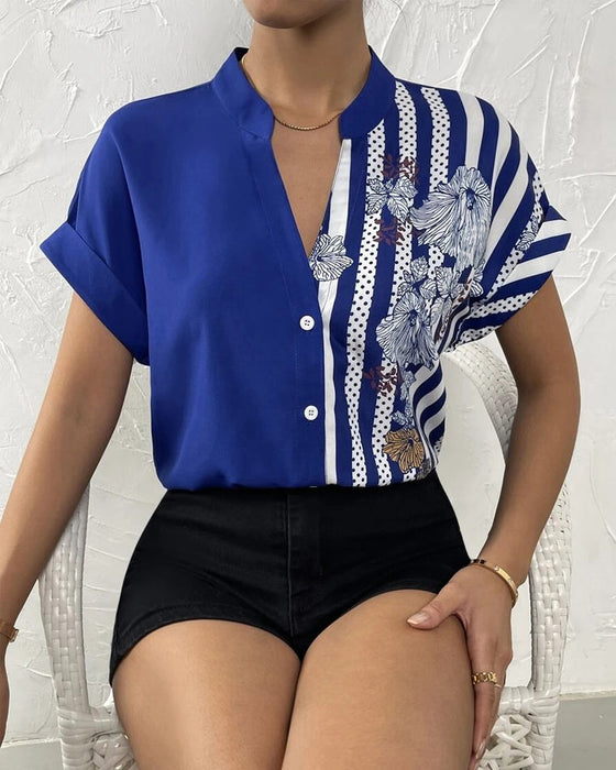 Paneled floral print button short sleeve blouse