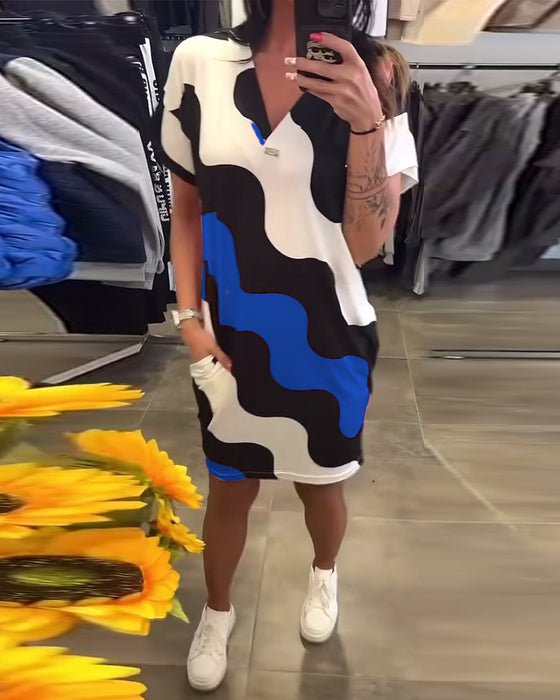 V-Neck Wave Print Dress
