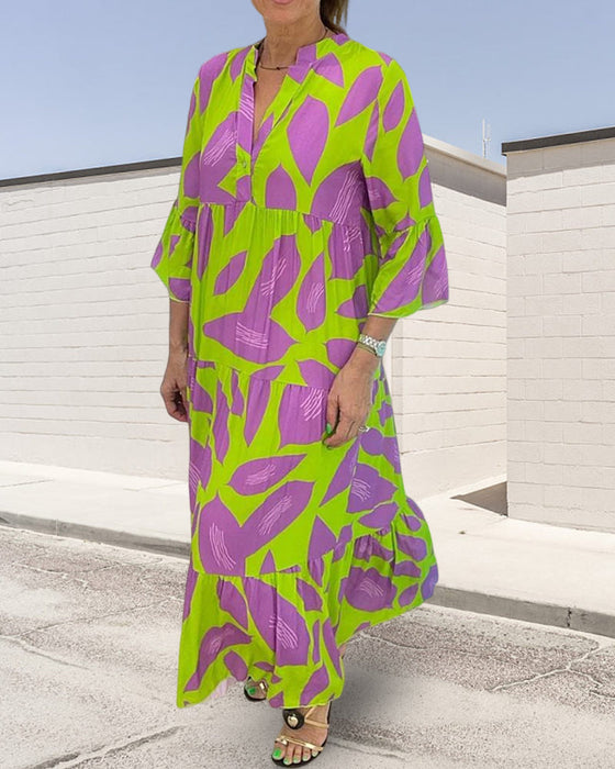 Leaves Print Dress with Short Sleeves