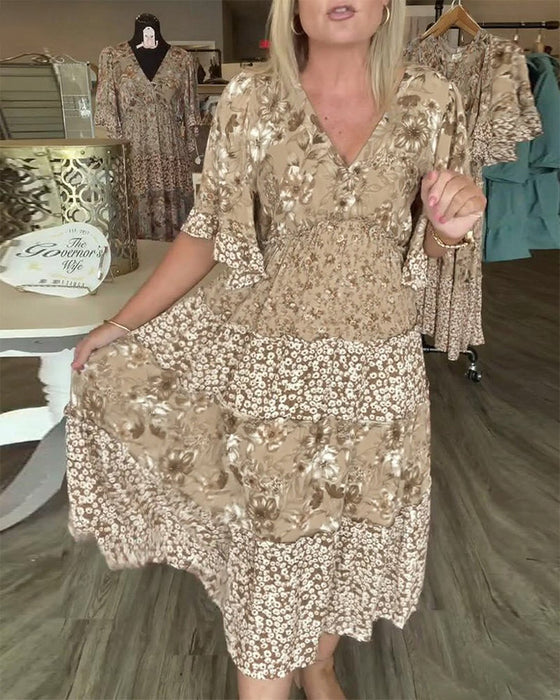 V-Neck Lotus Sleeve Floral Dress