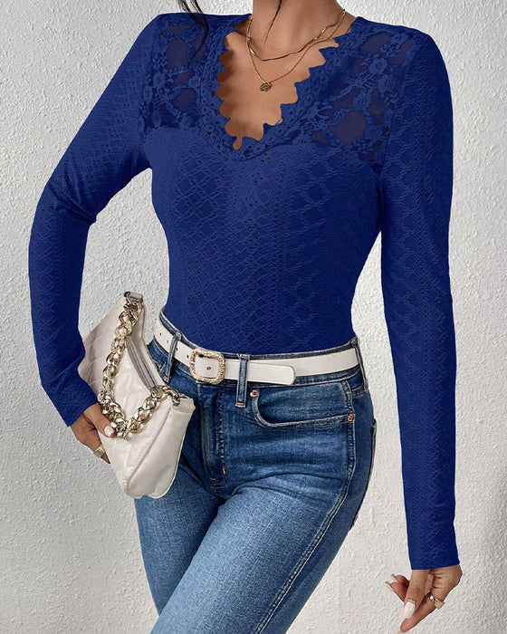 V-Neck Lace Panel Long-Sleeved Top