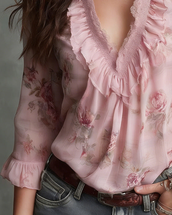 Floral V-Neck Ruffled Blouse