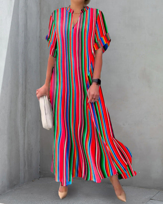 Colorful V-neck Dress in Stripe Print