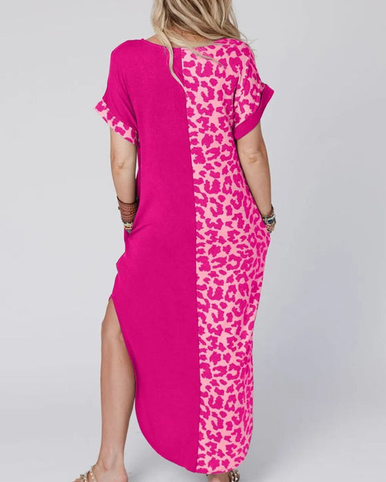 Round neck leopard color block dress