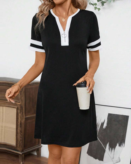 Half-Zip Colorblock Slim-Fit Short-Sleeved Dress