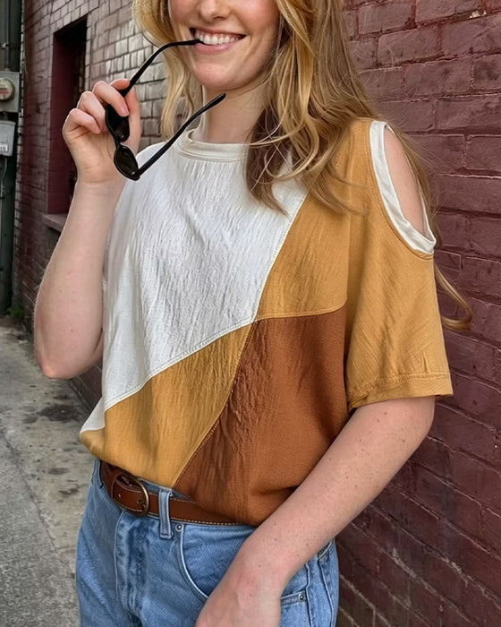 Color Block Off-Shoulder Loose T-Shirt