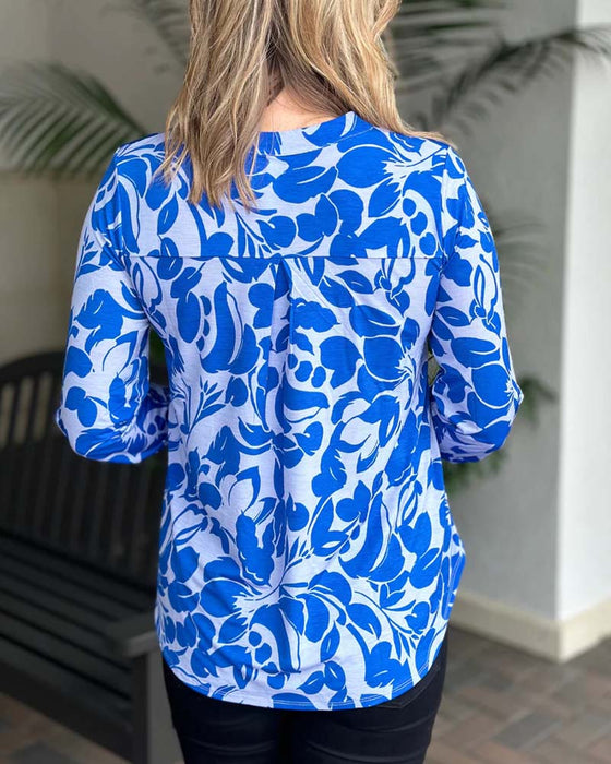 Long-sleeve V-neck floral print top